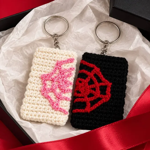 Crochet Spider Web Couple Keychains — Pair, in a gift box, handmade by Felofey