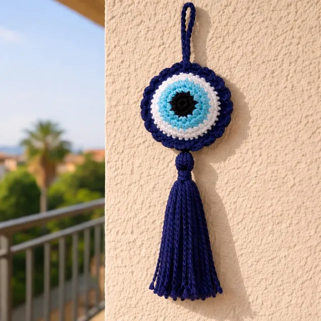 Crochet Evil Eye Wall Hanging — Blue, on a balcony wall, handmade by Felofey