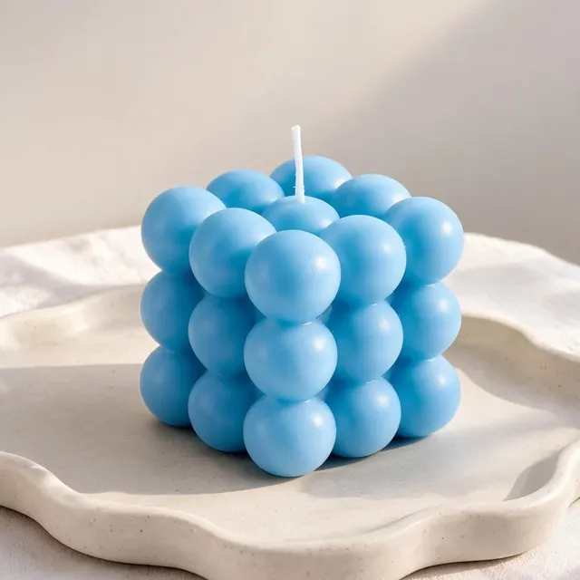 Bubble Candle, Blue on a wavy ceramic tray, handmade by Felofey