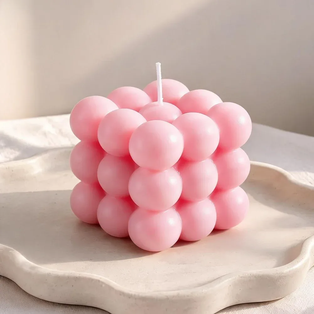 Bubble Candle, Pink on a wavy ceramic tray, handmade by Felofey