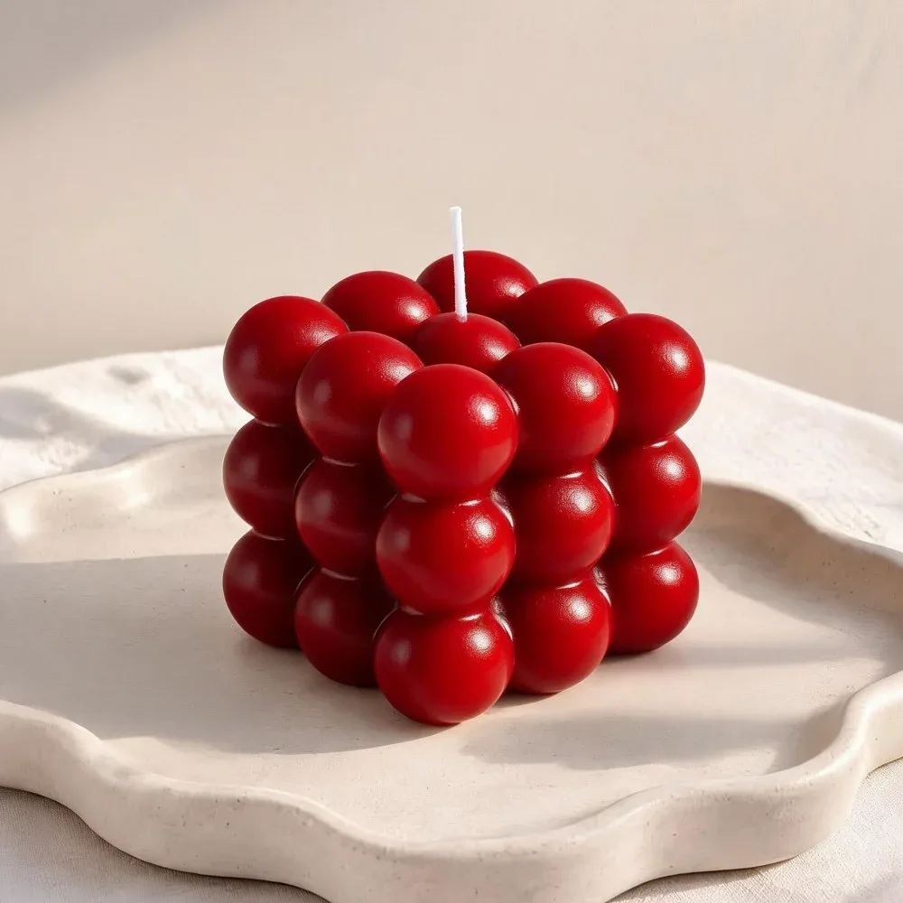 Bubble Candle, Red on a wavy ceramic tray, handmade by Felofey
