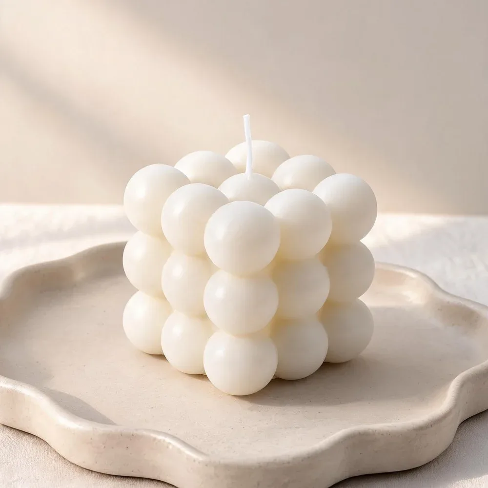 Bubble Candle, White on a wavy ceramic tray, handmade by Felofey