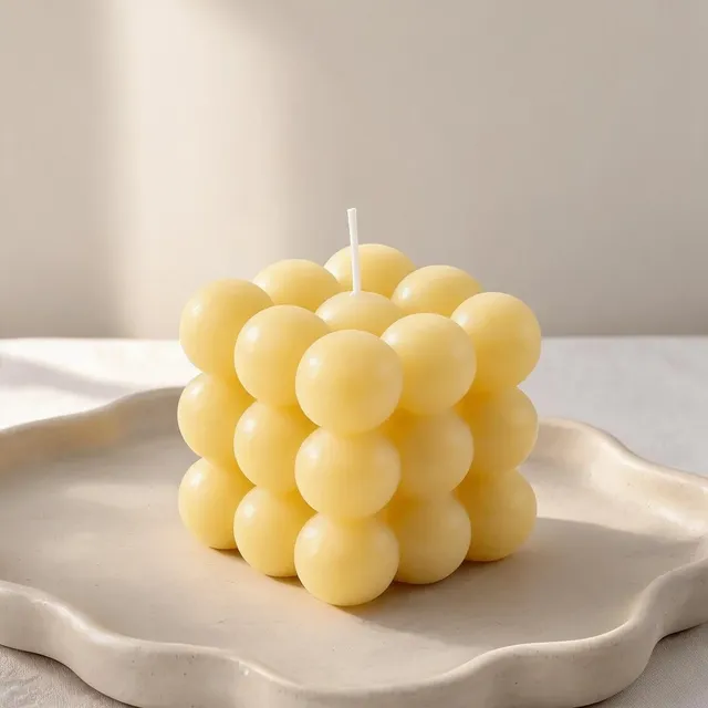 Bubble Candle, Yellow on a wavy ceramic tray, handmade by Felofey