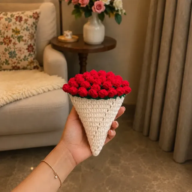 Crochet Floral Coaster — Red & Pink, handmade by Felofey