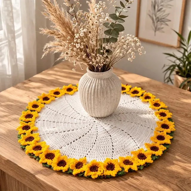 Crochet Sunflower Coaster — Yellow & Green, handmade by Felofey