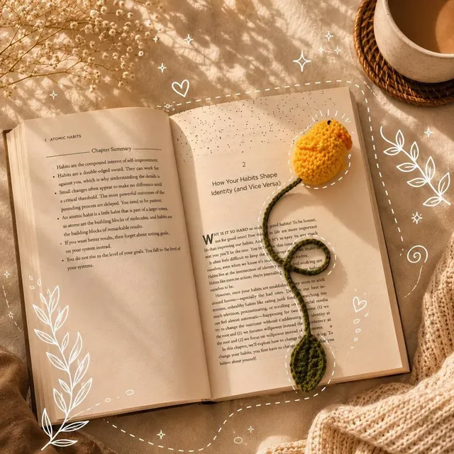 Crochet Flower & Leaf Bookmark — Yellow, handmade by Felofey
