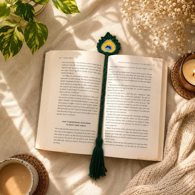 Crochet Floral Bookmark — Green & Blue, handmade by Felofey