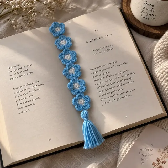Crochet Blossom & Tassel Bookmark — Blue, handmade by Felofey