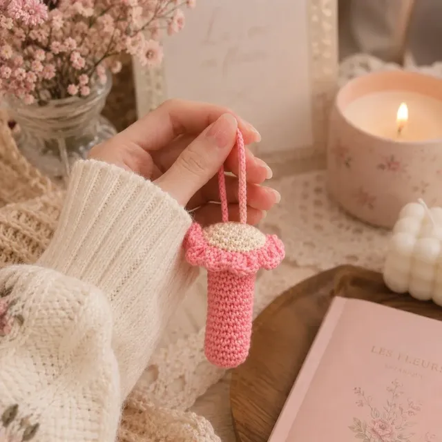 Crochet Flower Lip Balm Holder — Pink, handmade by Felofey