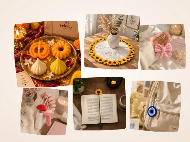 A spread of handmade Felofey gifts for corporate orders — candles, coasters, keychains, bookmarks and lip balm holders
