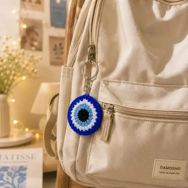 Crochet Evil Eye Keychain — Blue & White, handmade by Felofey