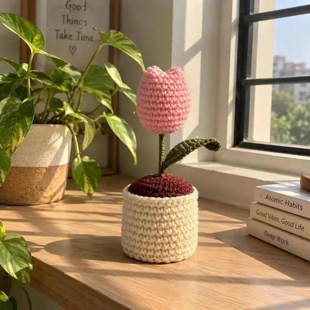 Crochet Tulip Flower Pot — Pink, handmade by Felofey