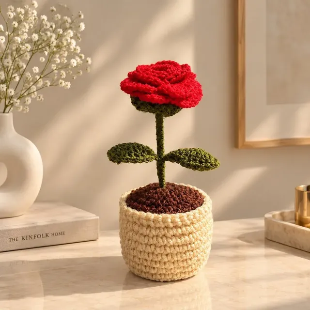 Crochet Rose Flower Pot — Red, handmade by Felofey