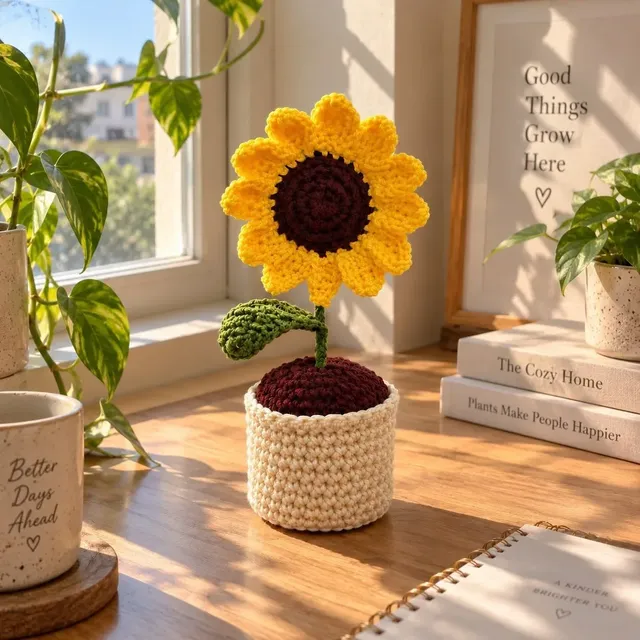 Crochet Sunflower Flower Pot — Yellow, handmade by Felofey