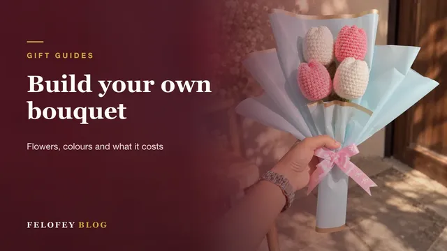 Build your own crochet bouquet at Felofey — a handmade tulip bouquet in blue wrap
