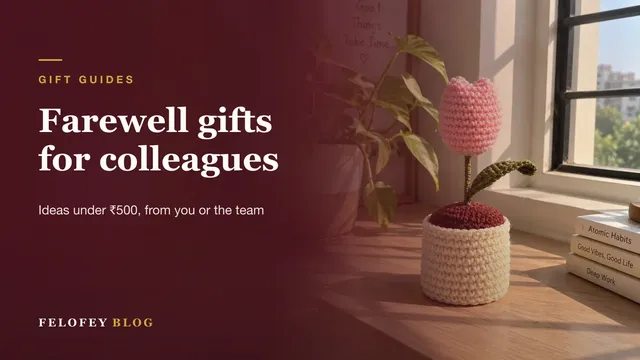 Farewell gifts for colleagues: a crochet tulip pot on a desk by a window