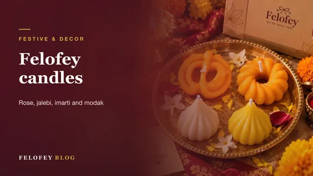 Felofey candles: jalebi, imarti and modak candles on a brass thali