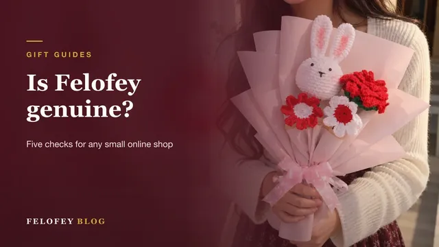 Is Felofey genuine? A handmade crochet bunny bouquet from Felofey, held by a customer
