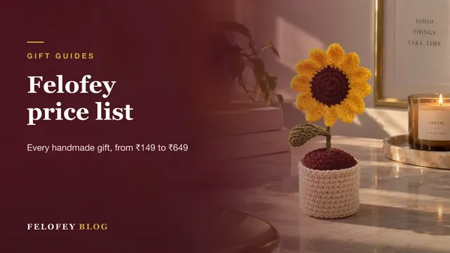 Felofey price list: a handmade crochet sunflower pot, part of the ₹149 to ₹649 range