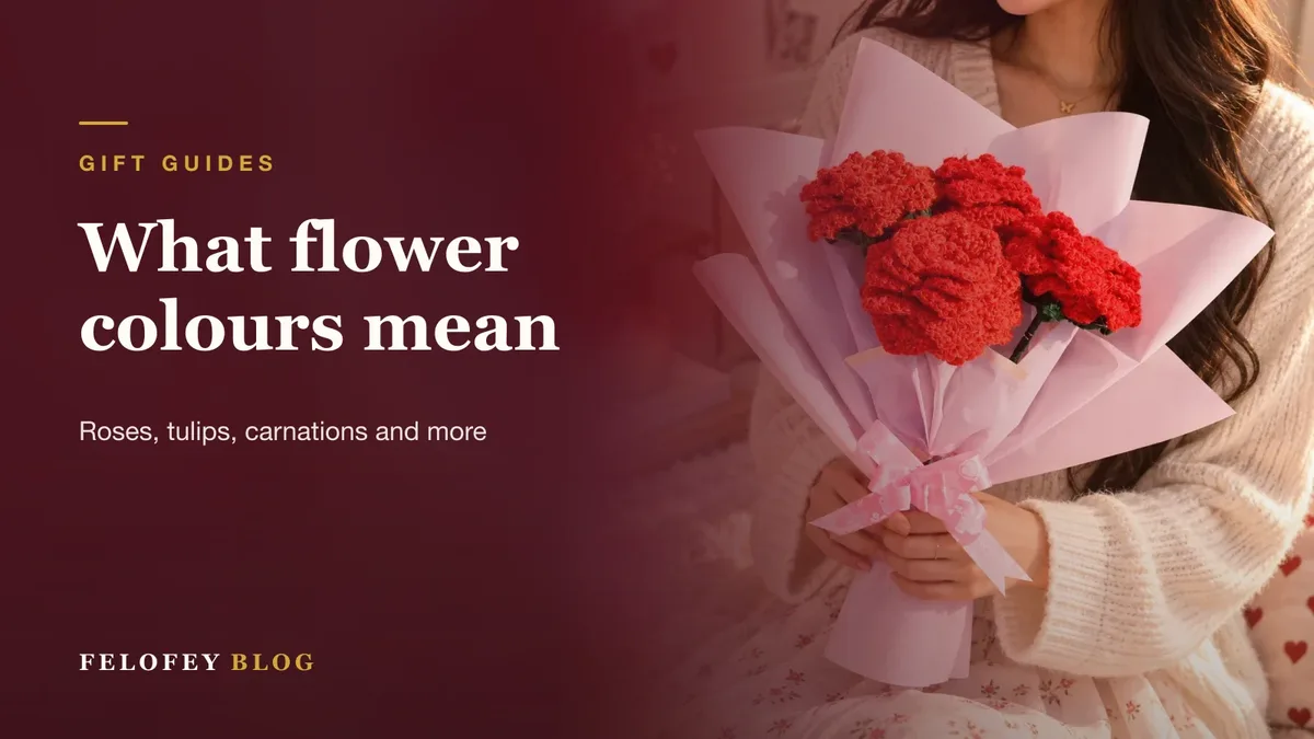 What flower colours mean — a handmade red crochet bouquet in pink wrap by Felofey