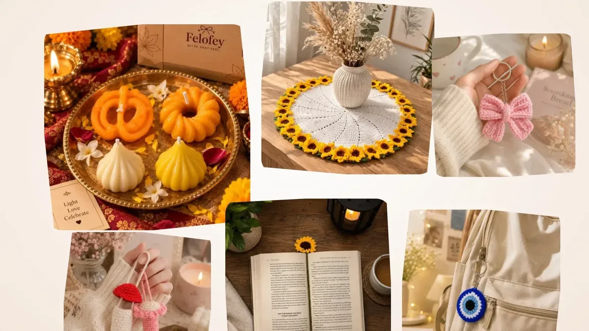 A spread of handmade Felofey gifts — candles, crochet coasters, keychains, bookmarks and lip balm holders