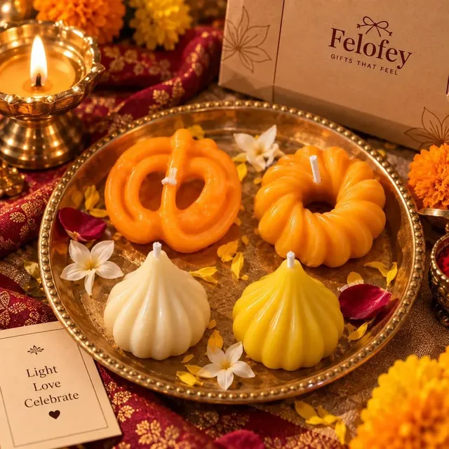 Indian Dessert Candle Collection — Jalebi, Imarti & Modak, handmade by Felofey