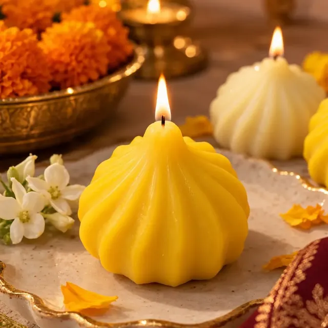 Modak Candle — Yellow & White, handmade by Felofey