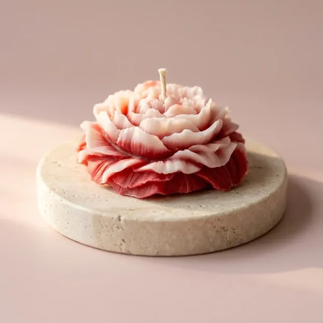 Peony candle in white and pink, on a stone coaster, handmade by Felofey