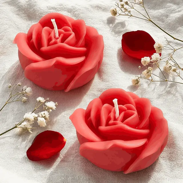 Two red rose candles on linen with dried flowers and rose petals, Rose Candle set of 2, handmade by Felofey