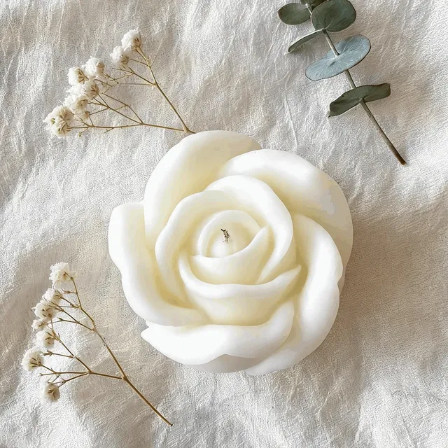 White rose candle on linen with dried flowers and eucalyptus, handmade by Felofey